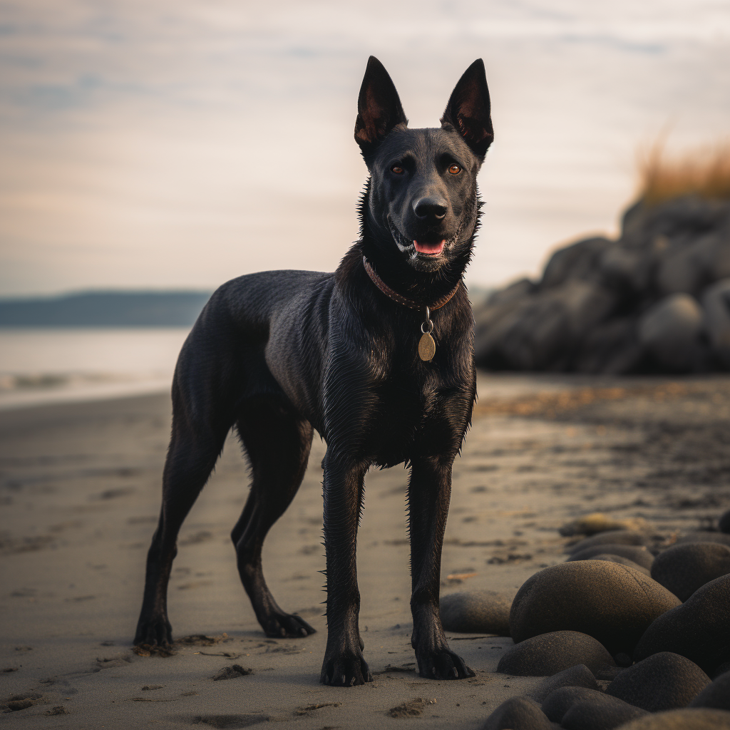 Beautiful black Dutch Shepherd on the beach