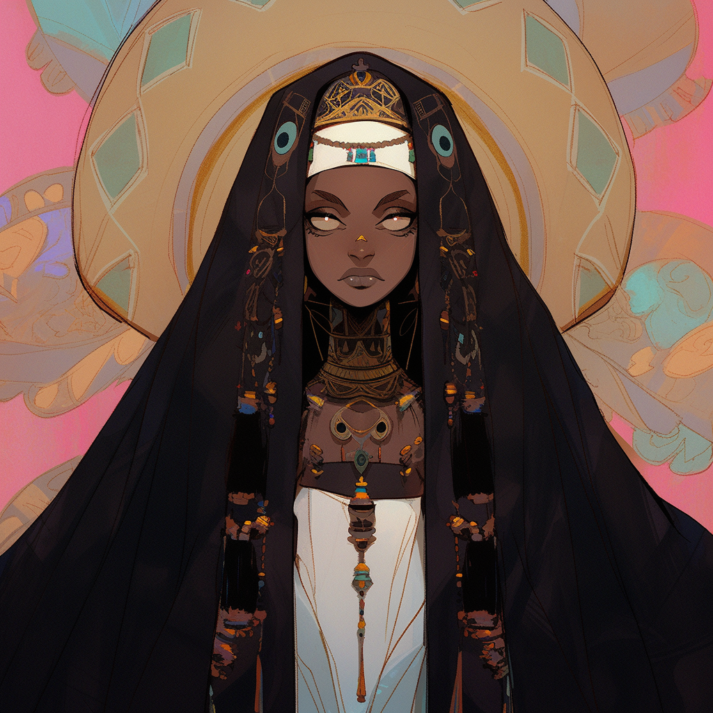 Black elven woman wearing religious vestments anime