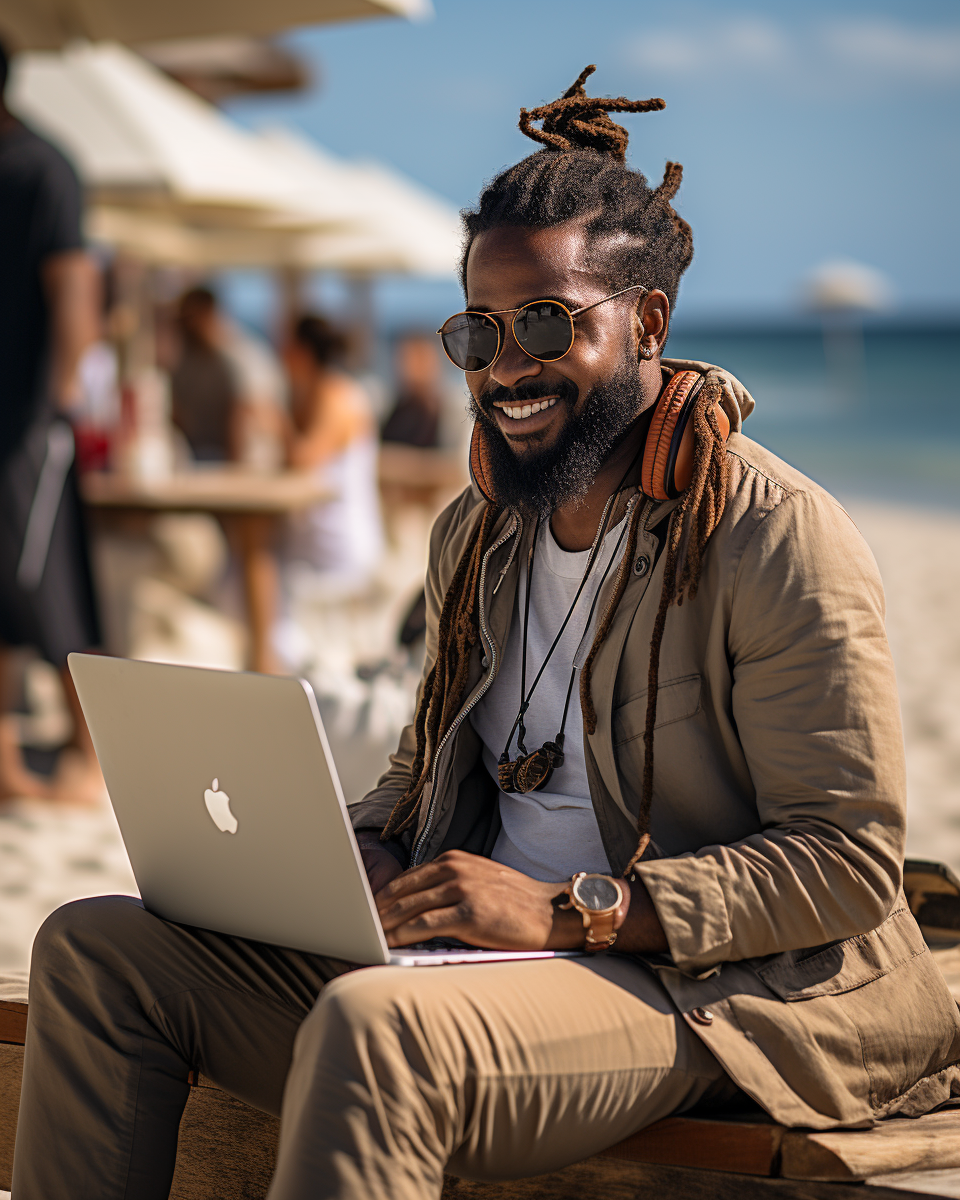 Black entrepreneur working on beach with kitesurfers