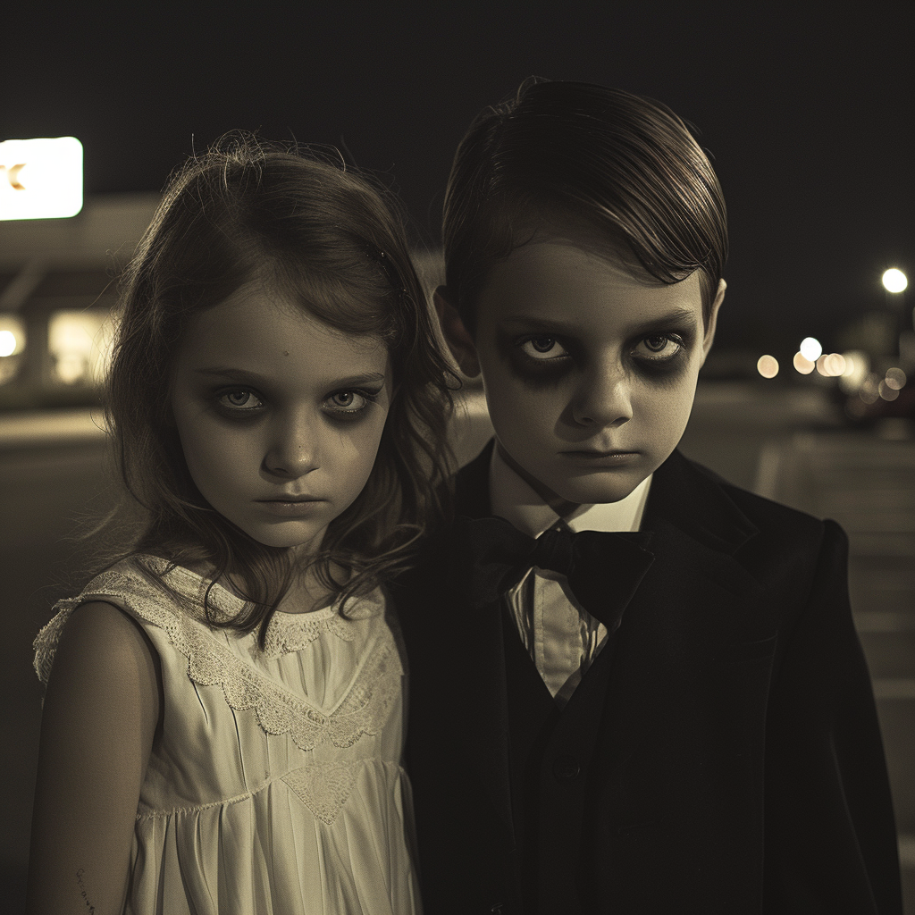 Menacing children in formal attire at parking lot