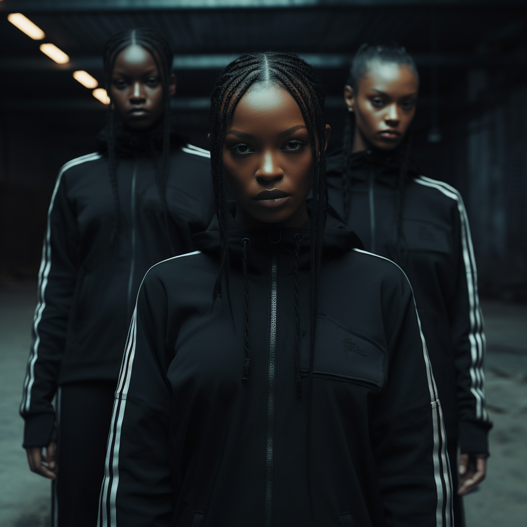 Black female action figure in Adidas tracksuit