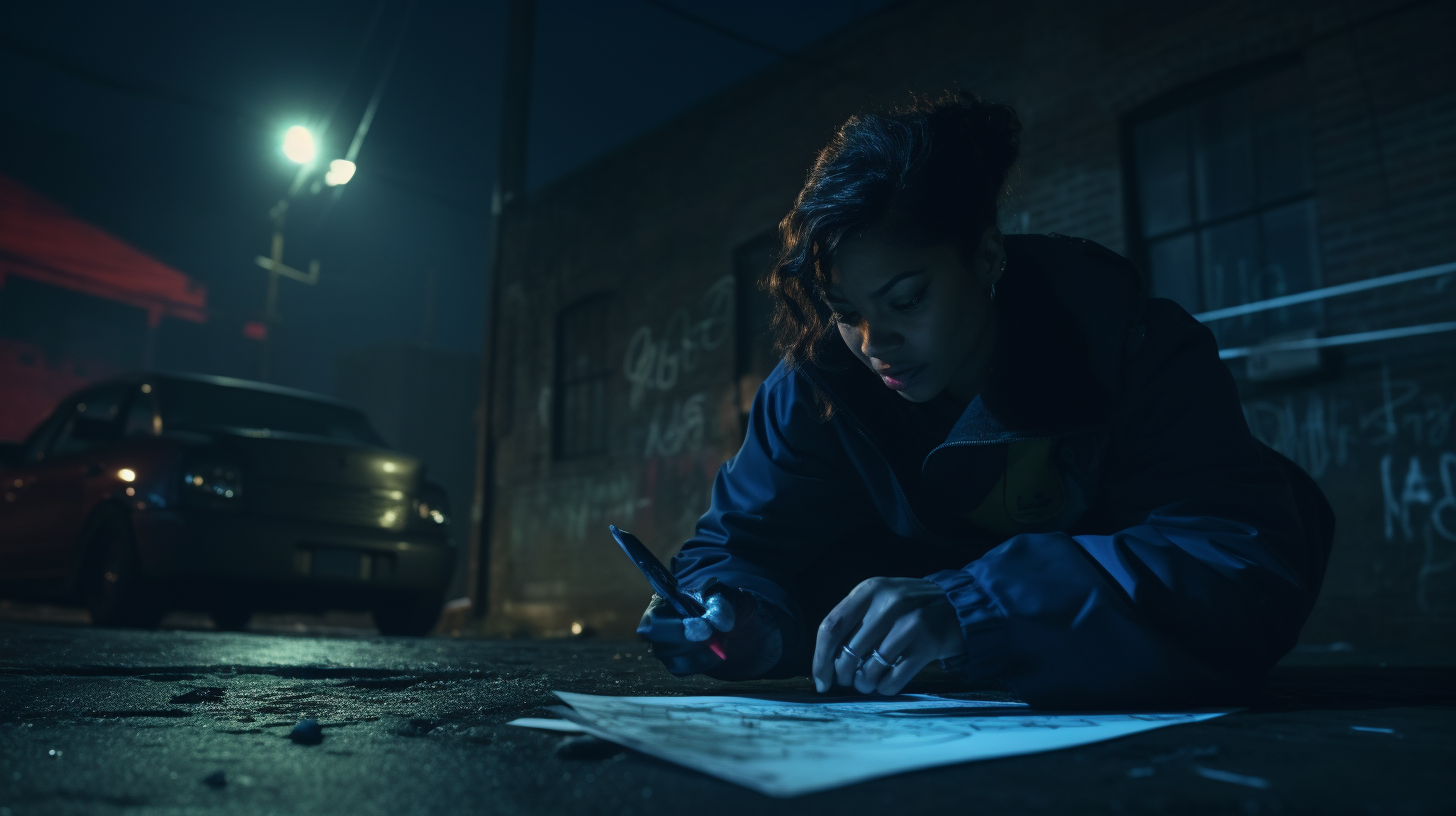 Black female detective laughing while writing in notepad