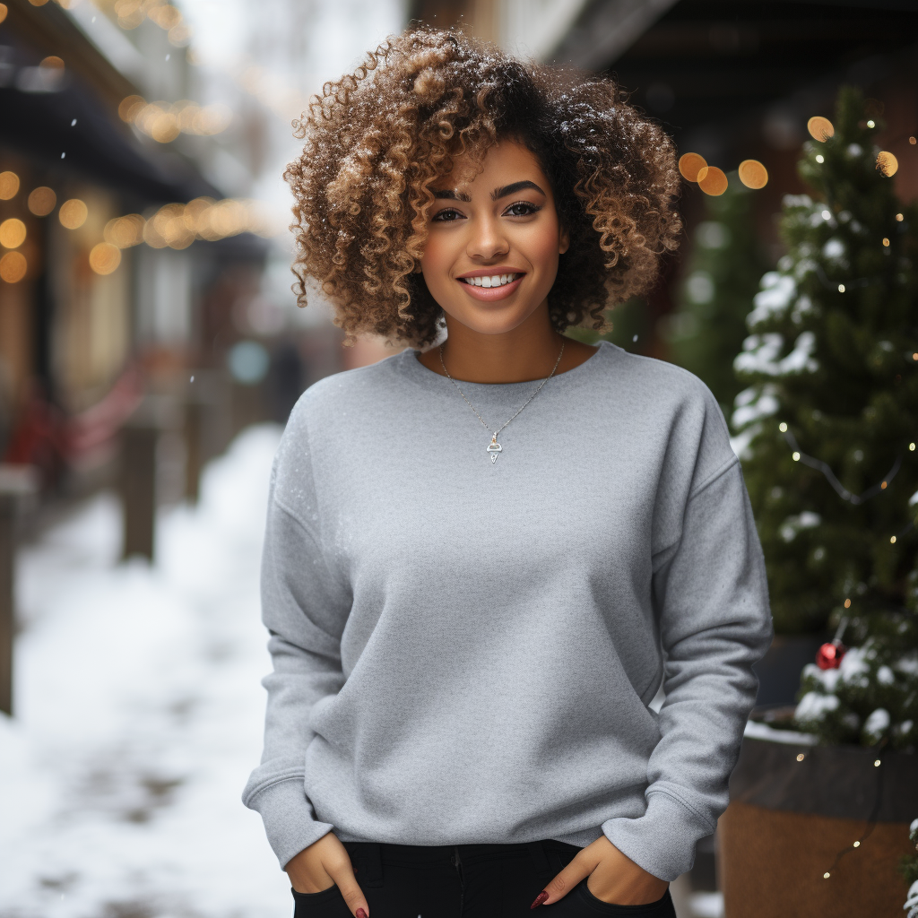 Black female model in grey sweatshirt