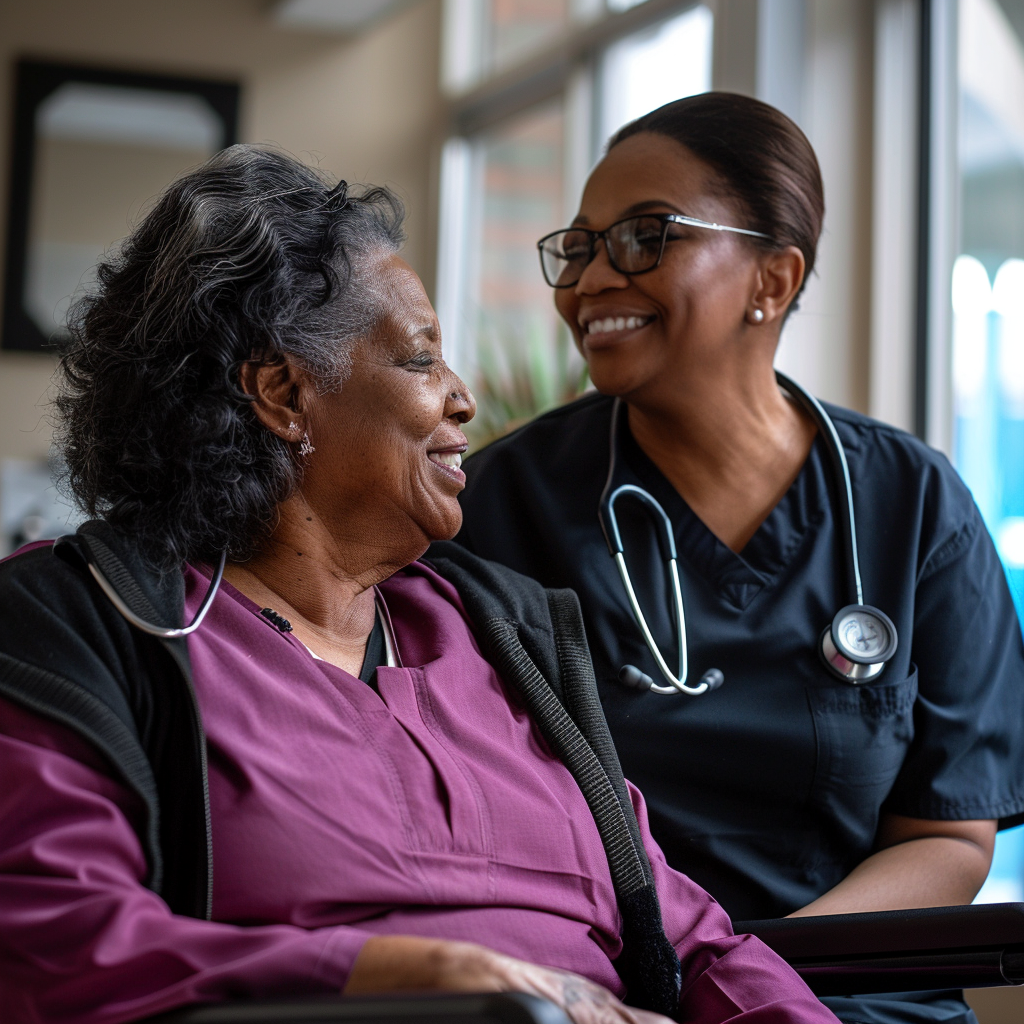 Smiling black female nurse patient interaction