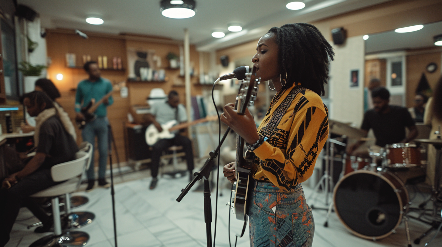 Black Female Singer and Band Performing in Hair Salon