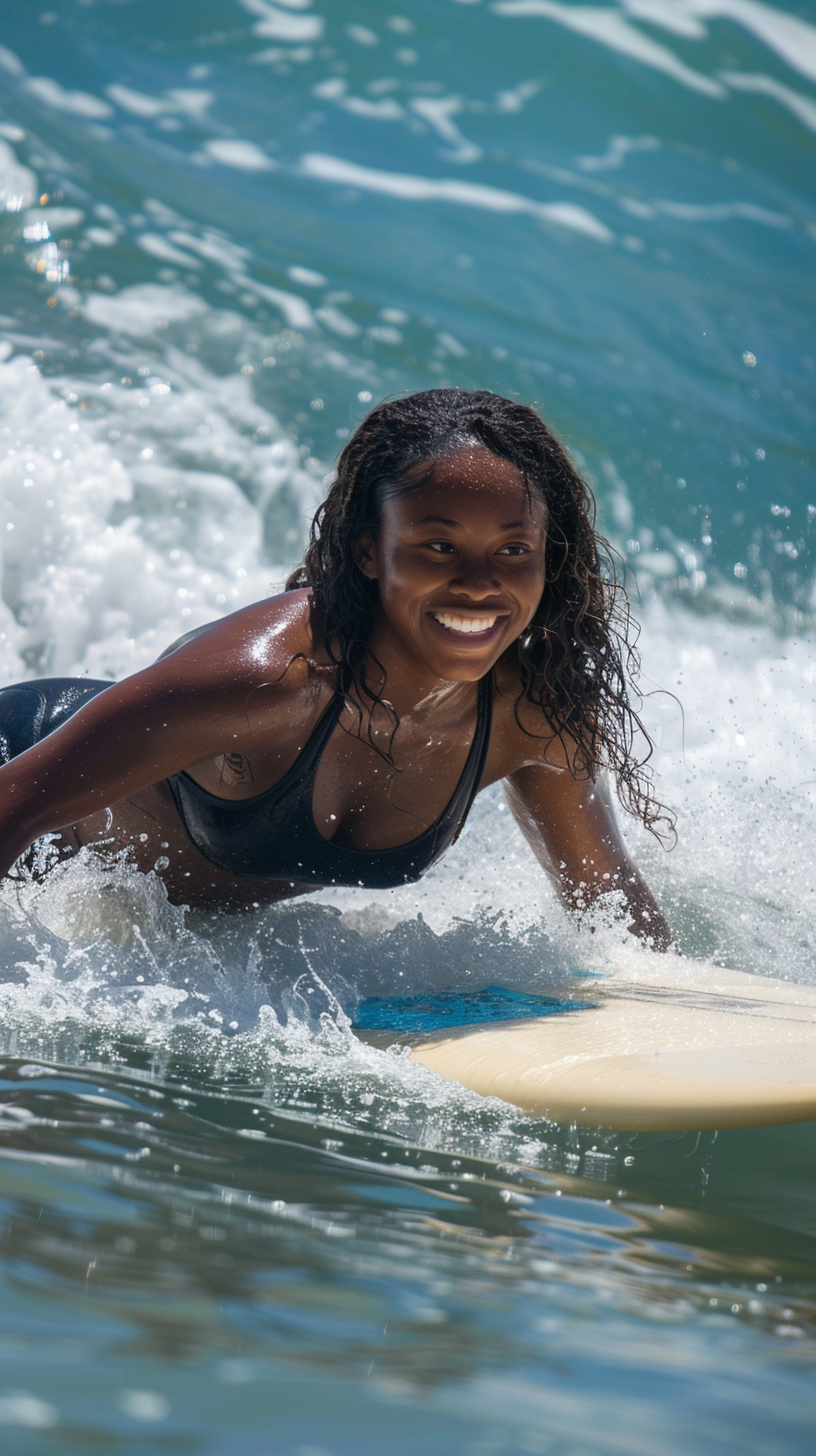 Black female surfer in Santa Monica