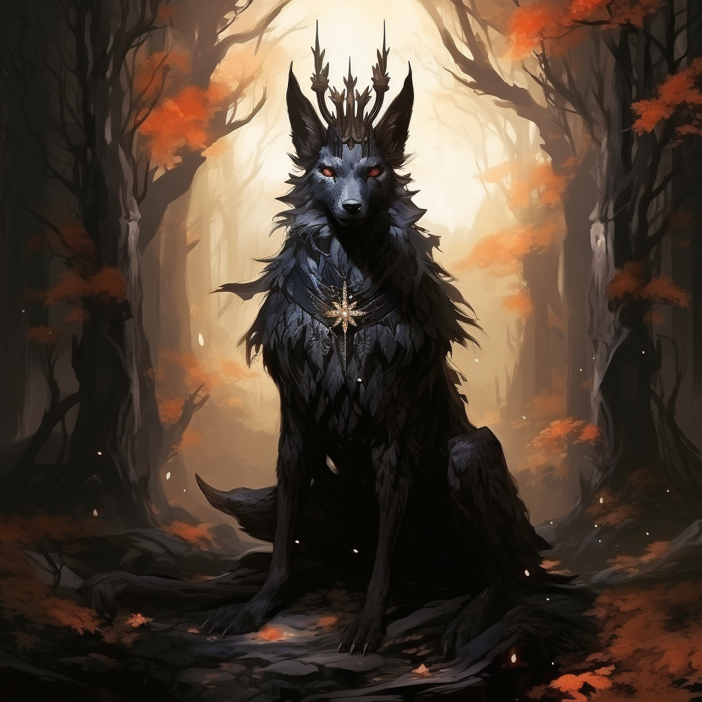 Black fox in magical forest with crown