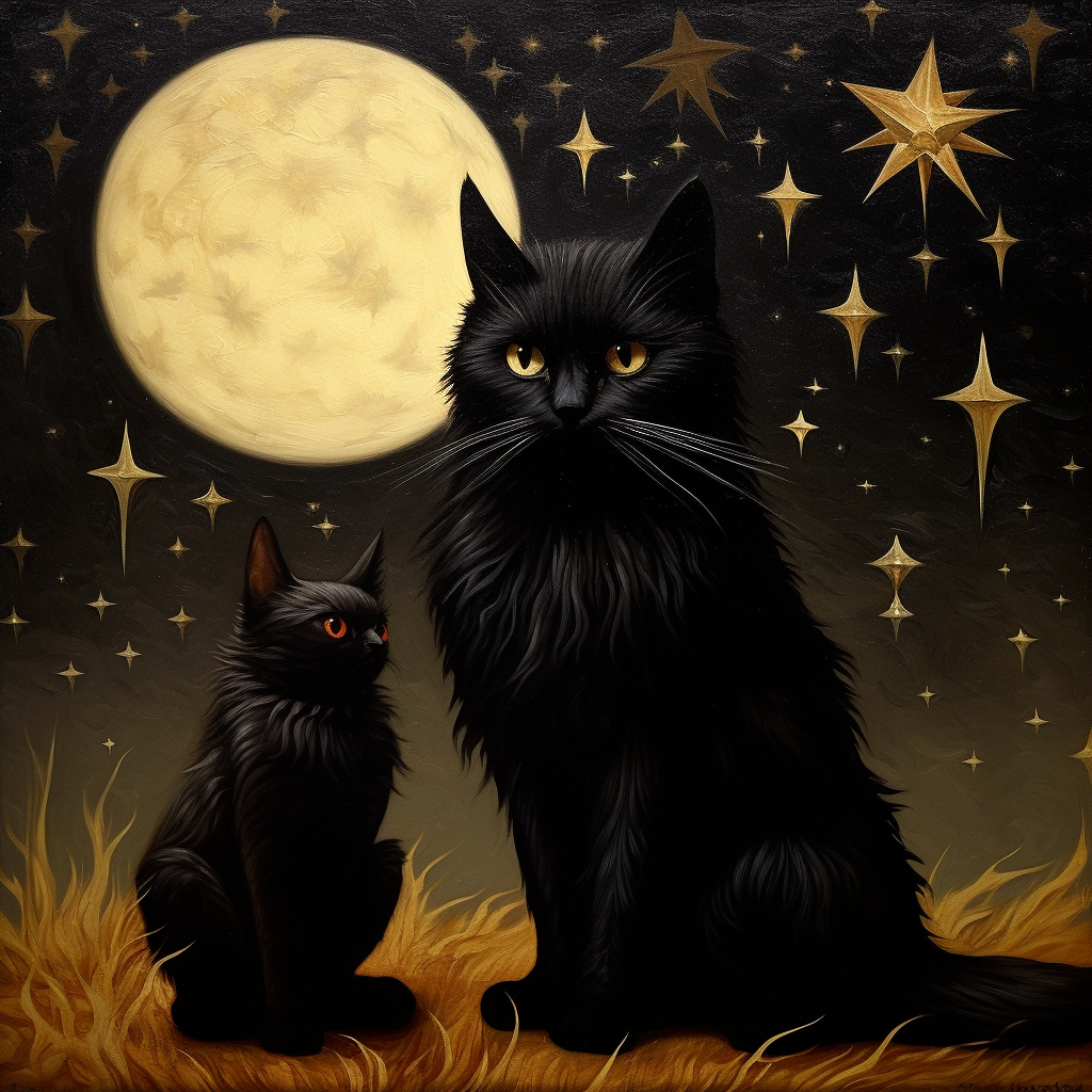 Black fur cat with COQ sitting under the moon