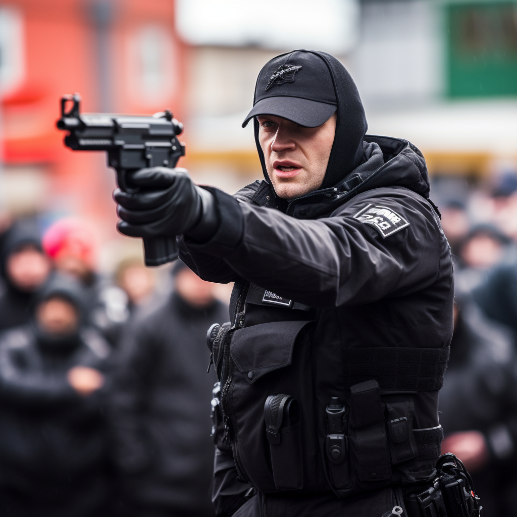 Man in Black Gear Pointing Gun at Parade