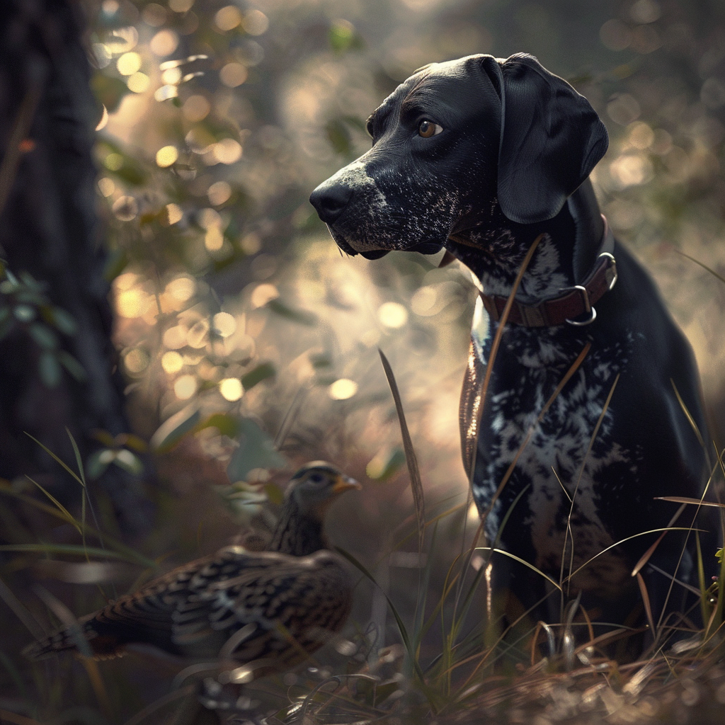 Dog hunting quail in photorealistic 4k