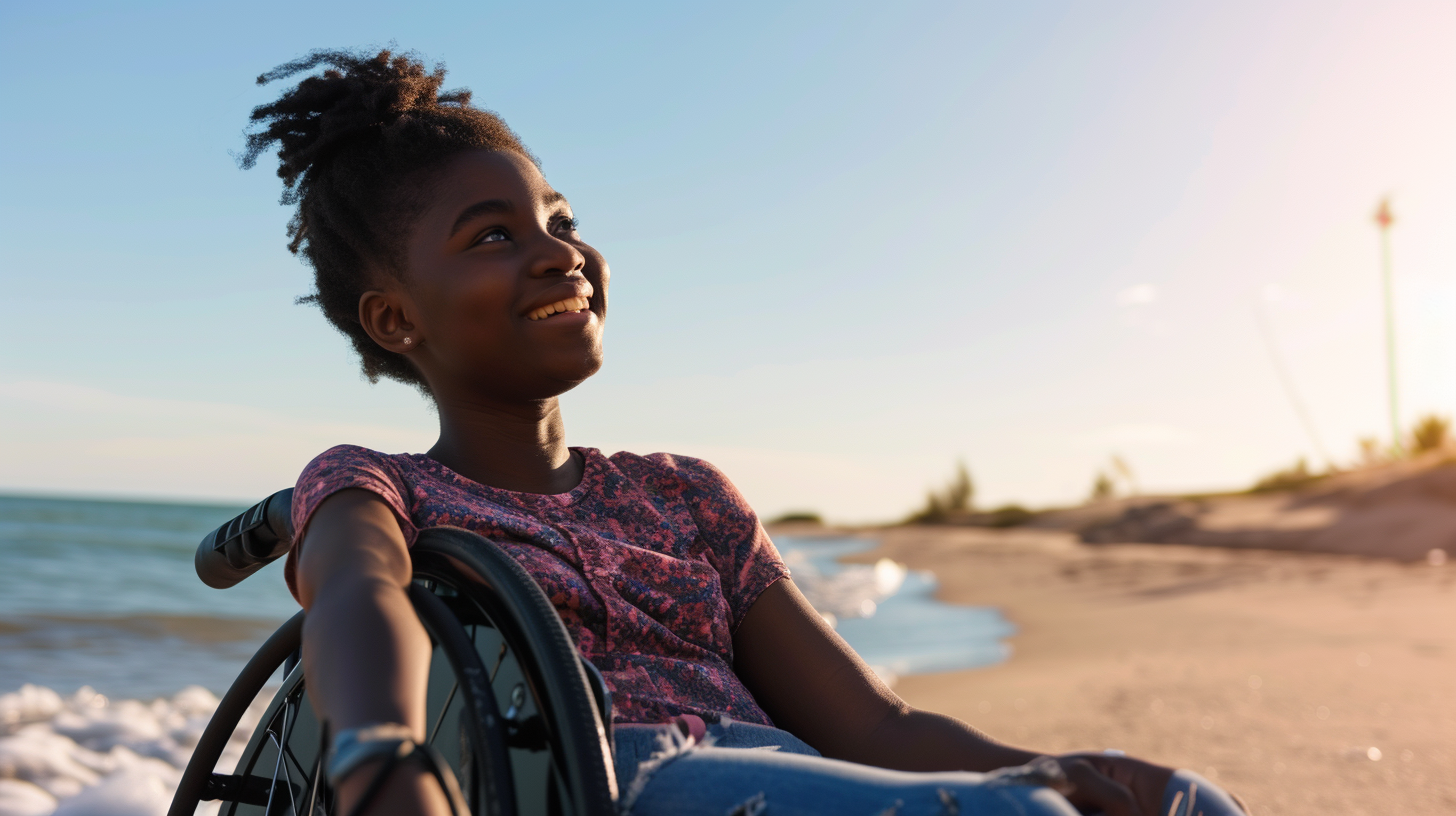 Smiling black girl in beach wheelchair