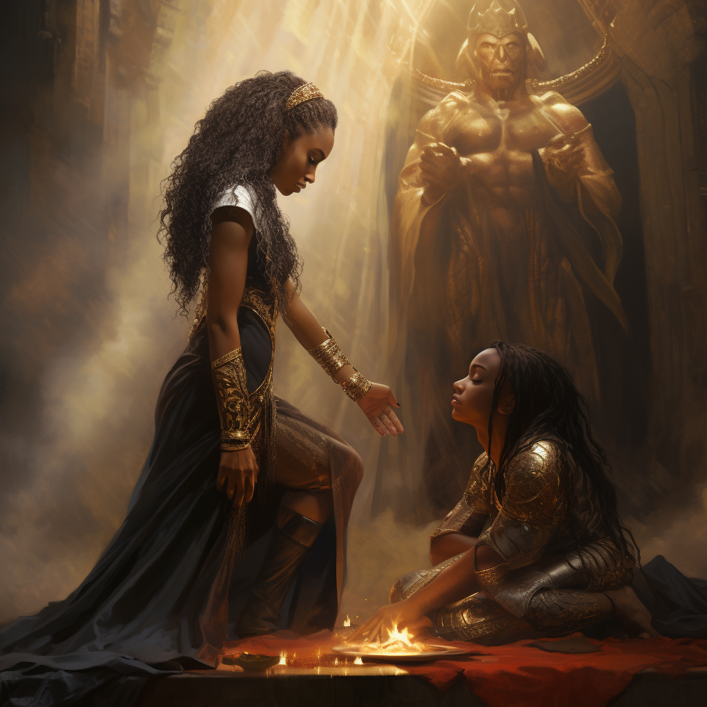 Black girl transformed, bowing to her glorious king