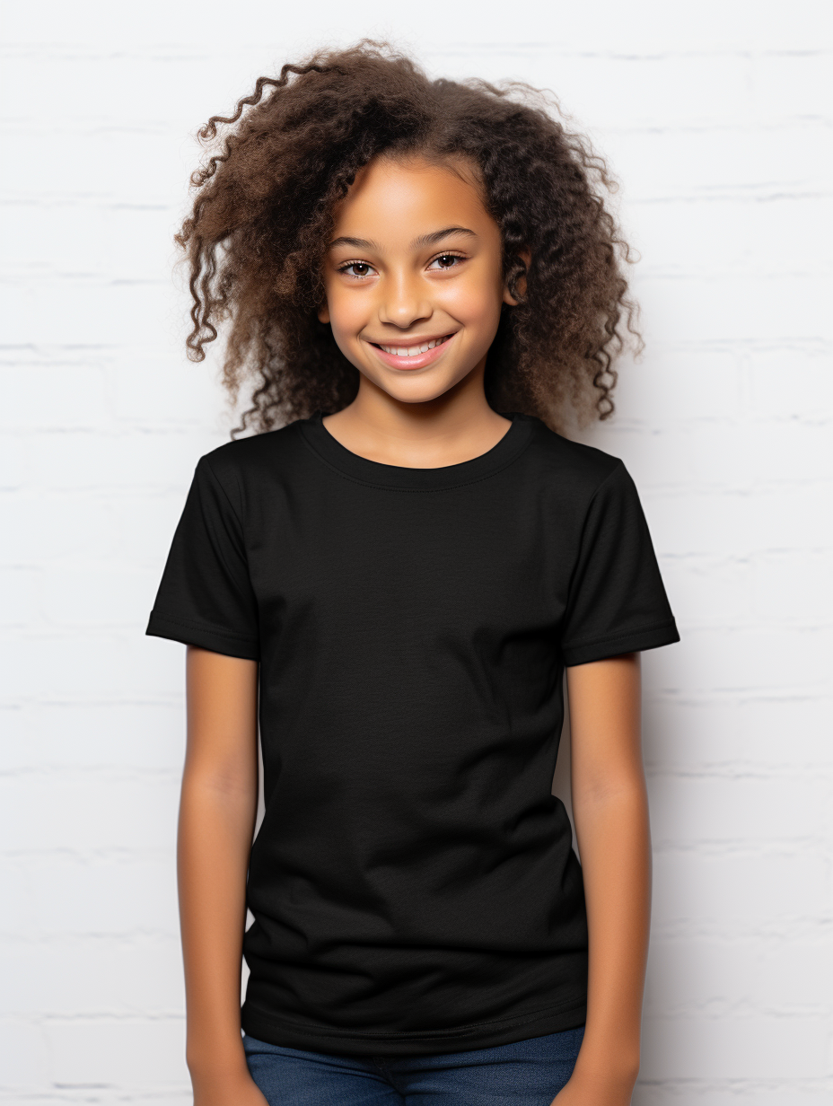 8-year-old girl wearing stylish black t-shirt mockup