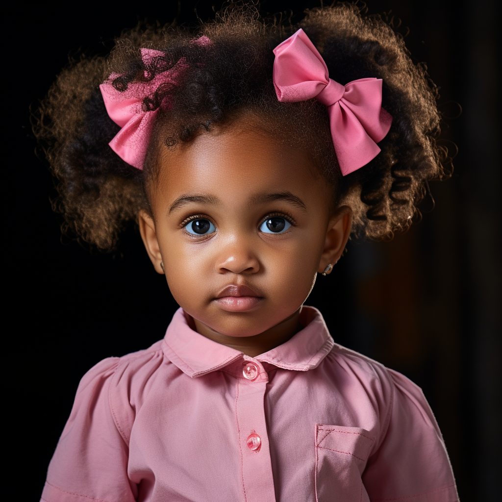 Adorable black girl with pigtails in pink bows