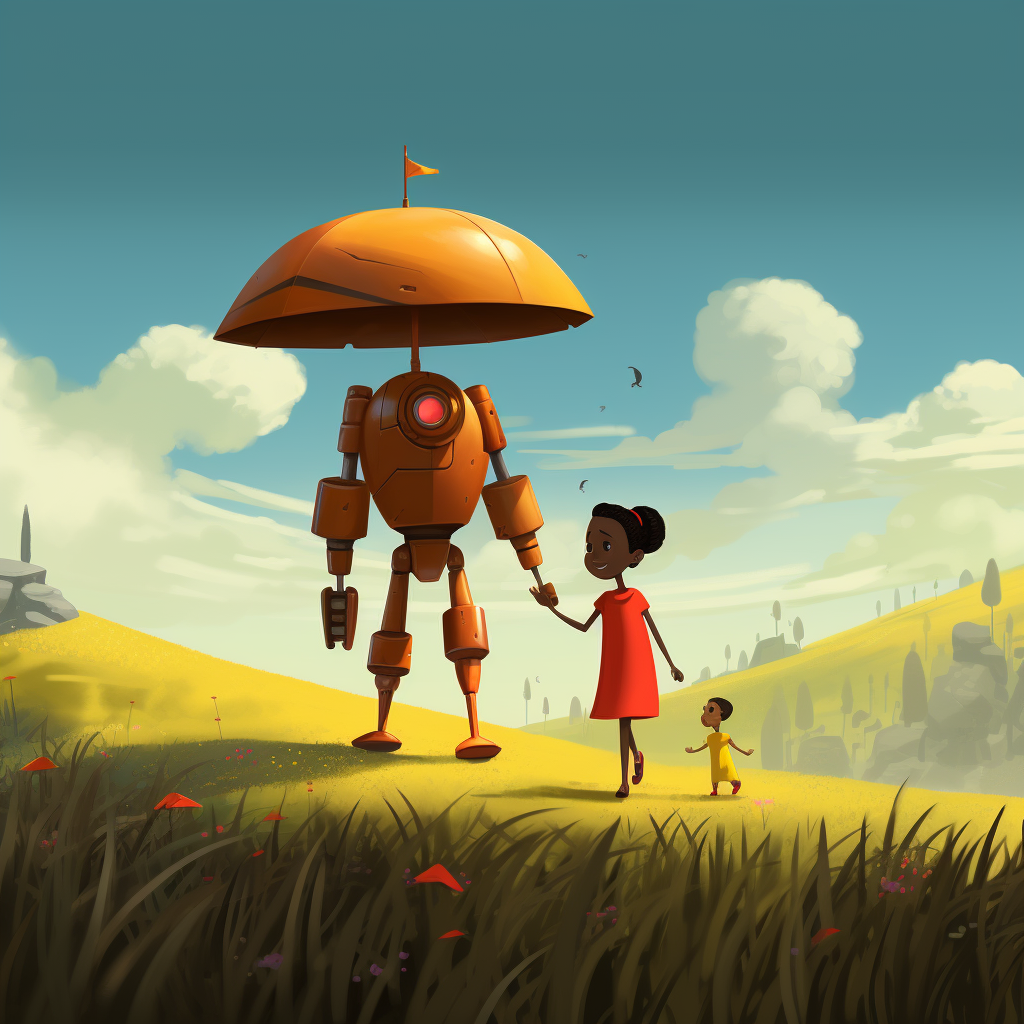 Black girl in yellow dress walking with robot umbrella