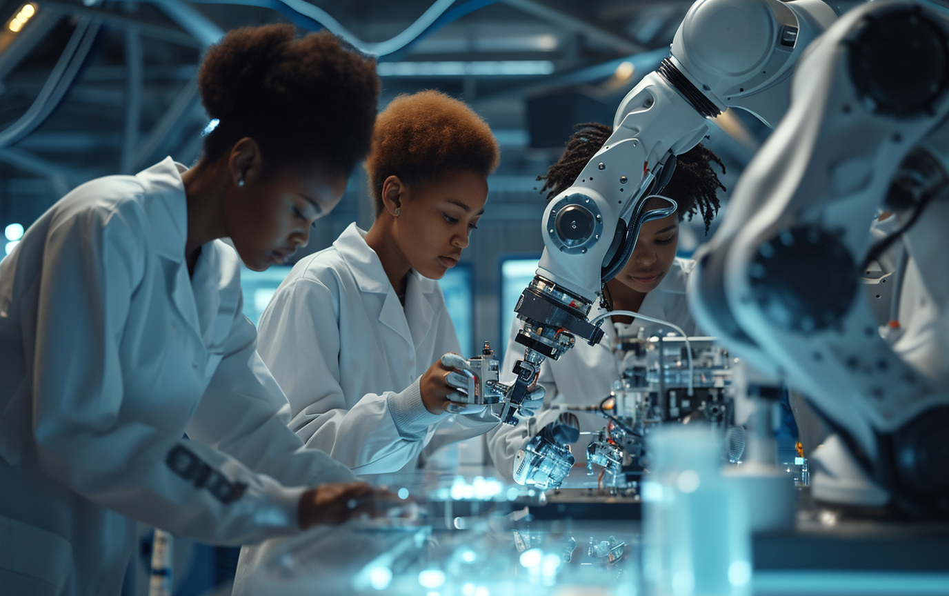 Young black girls assembling robotic arm in lab