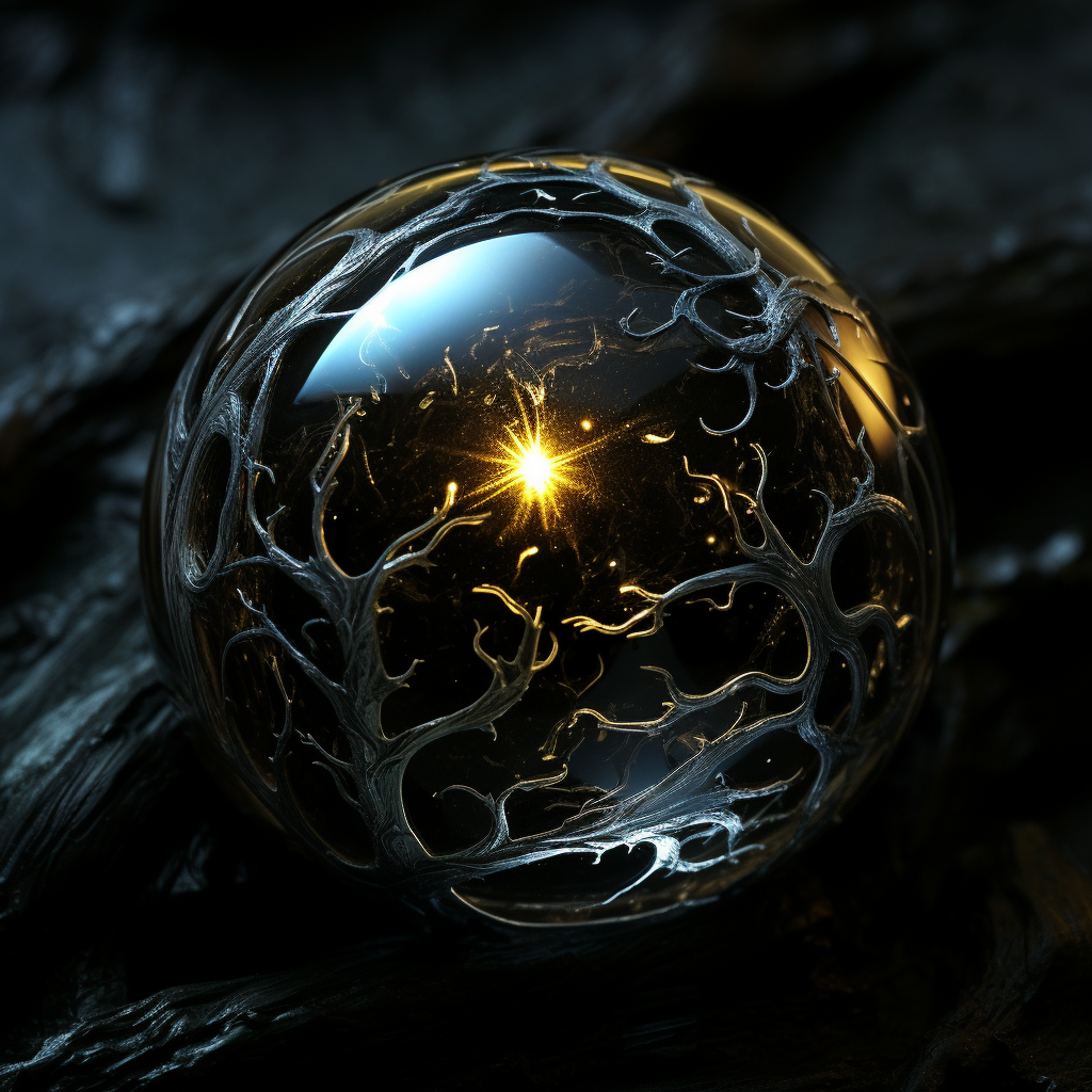 Stunning black glass ball on dark background