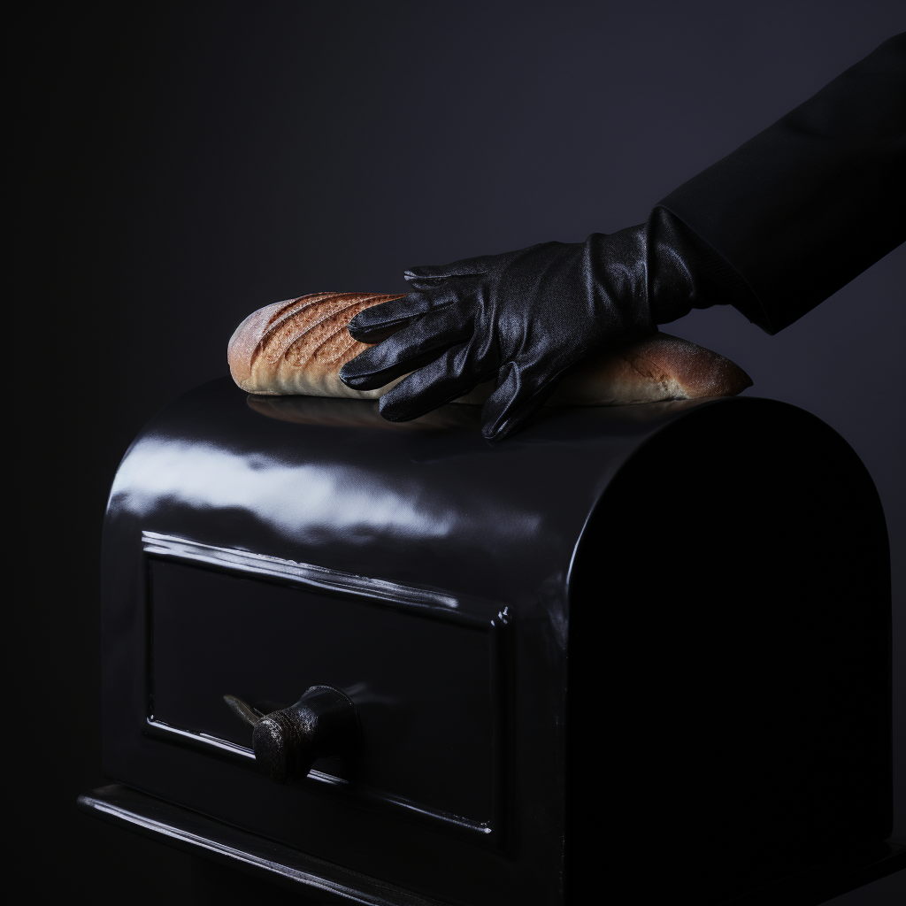 hand wearing black glove in bread bin