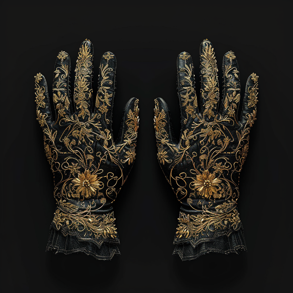 Black gloves with golden embroidered ornaments on black background