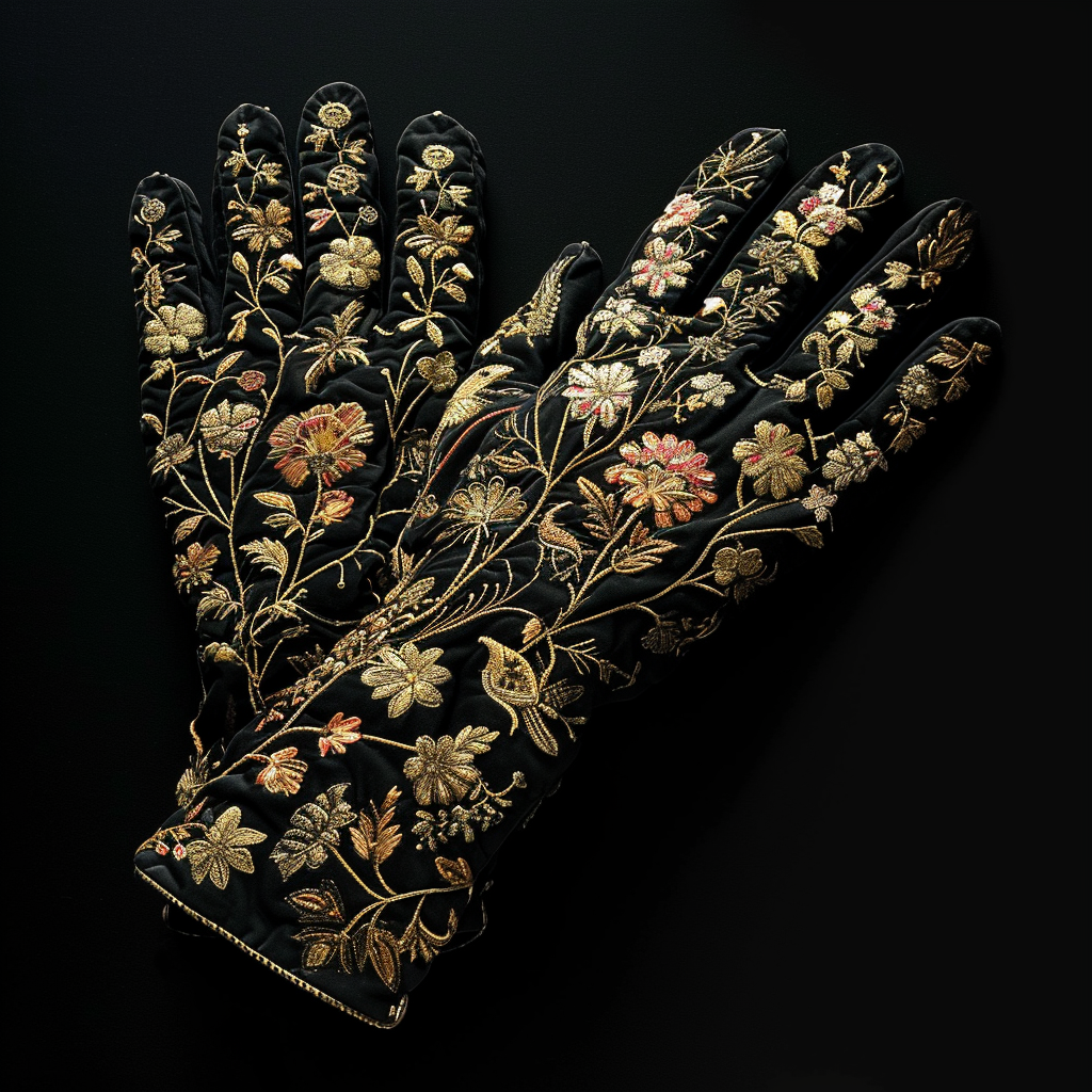 Black gloves with embroidered golden flowers