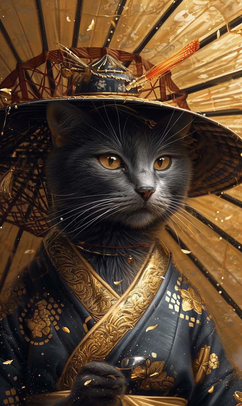 Black and Gold Female Cat Wearing Kimono