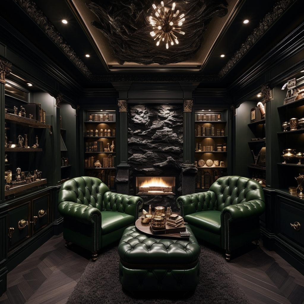 Black Green Luxury Cigar Room with Woods and Heater