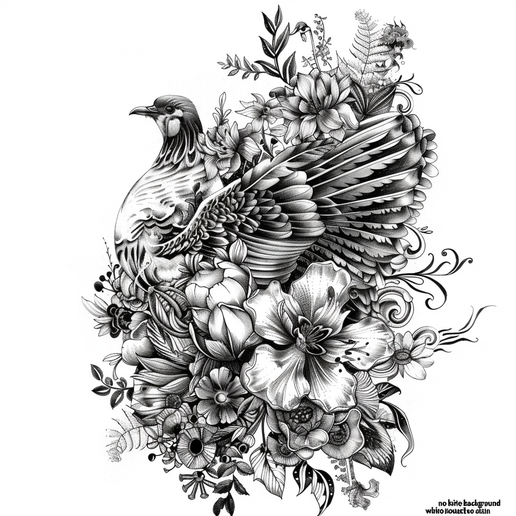 Black grey line tattoo flowers water hen