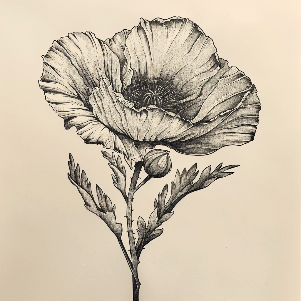 Poppy flower in black grey linework