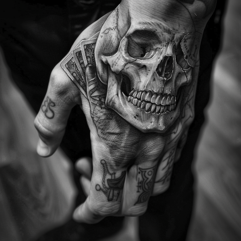 Skull tattoo holding map hand