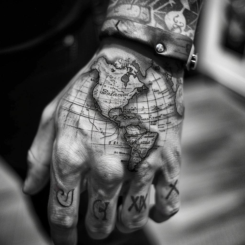 Sensenmann holding map tattoo