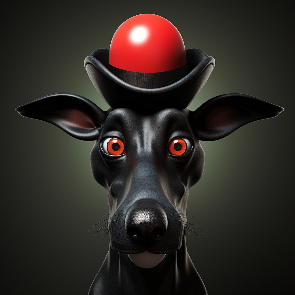 Black greyhound wearing clown hat and red nose