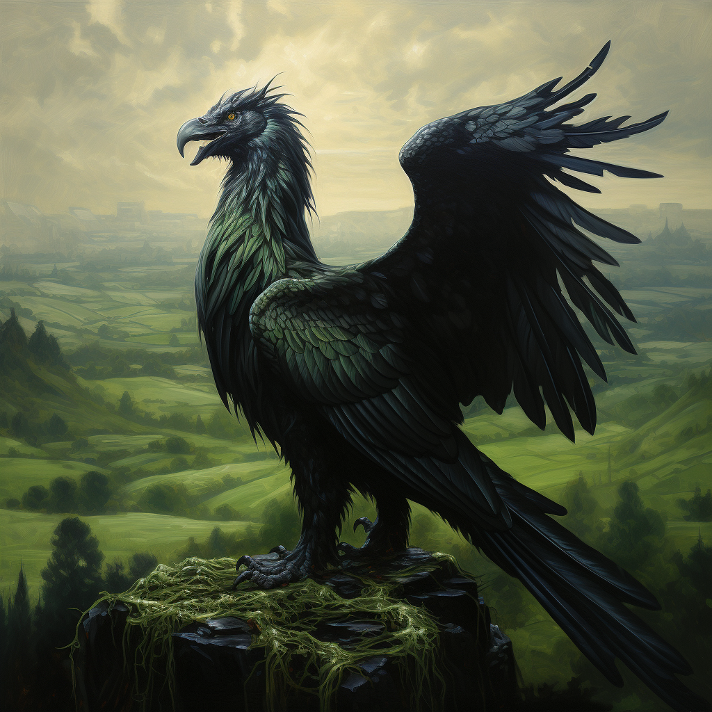 Rennaisance-style oil painting of a black griffin in green field