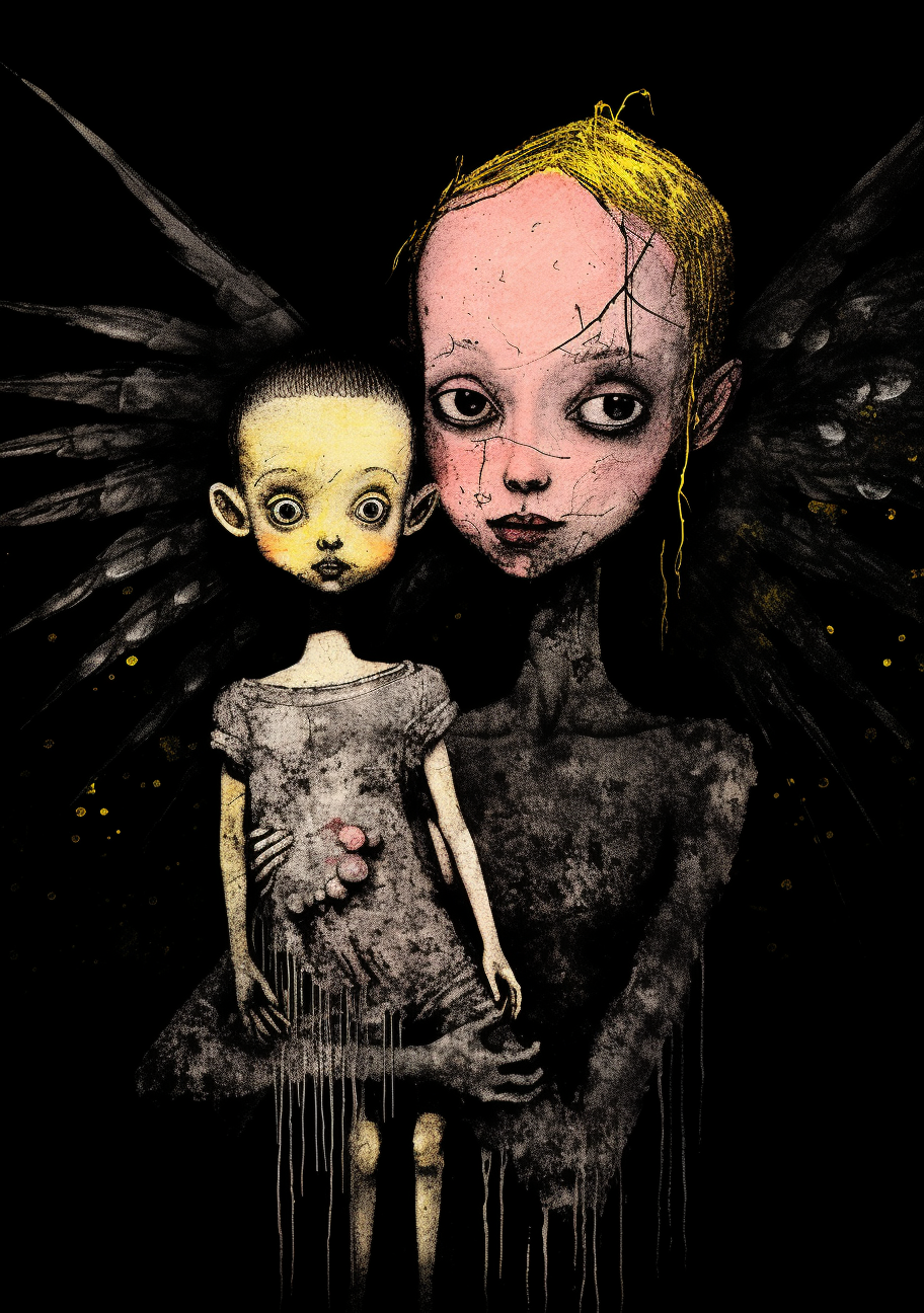 Fairy with human baby in dark forest