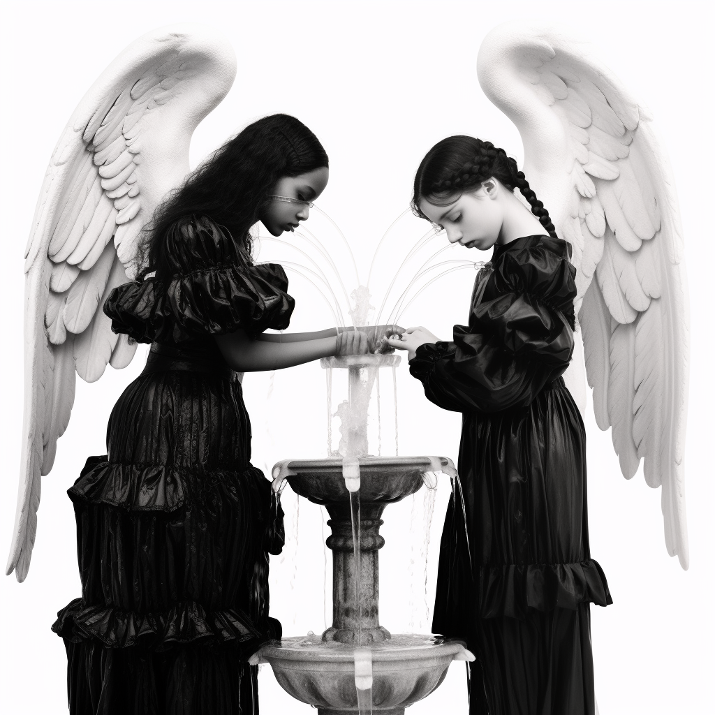 Girls with black hair and water fountain angels