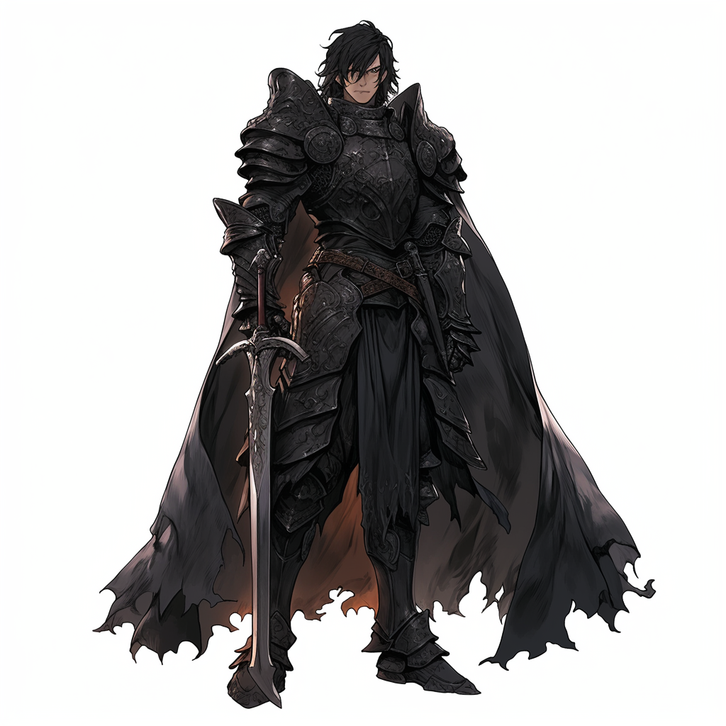 Black hair knight in old armor