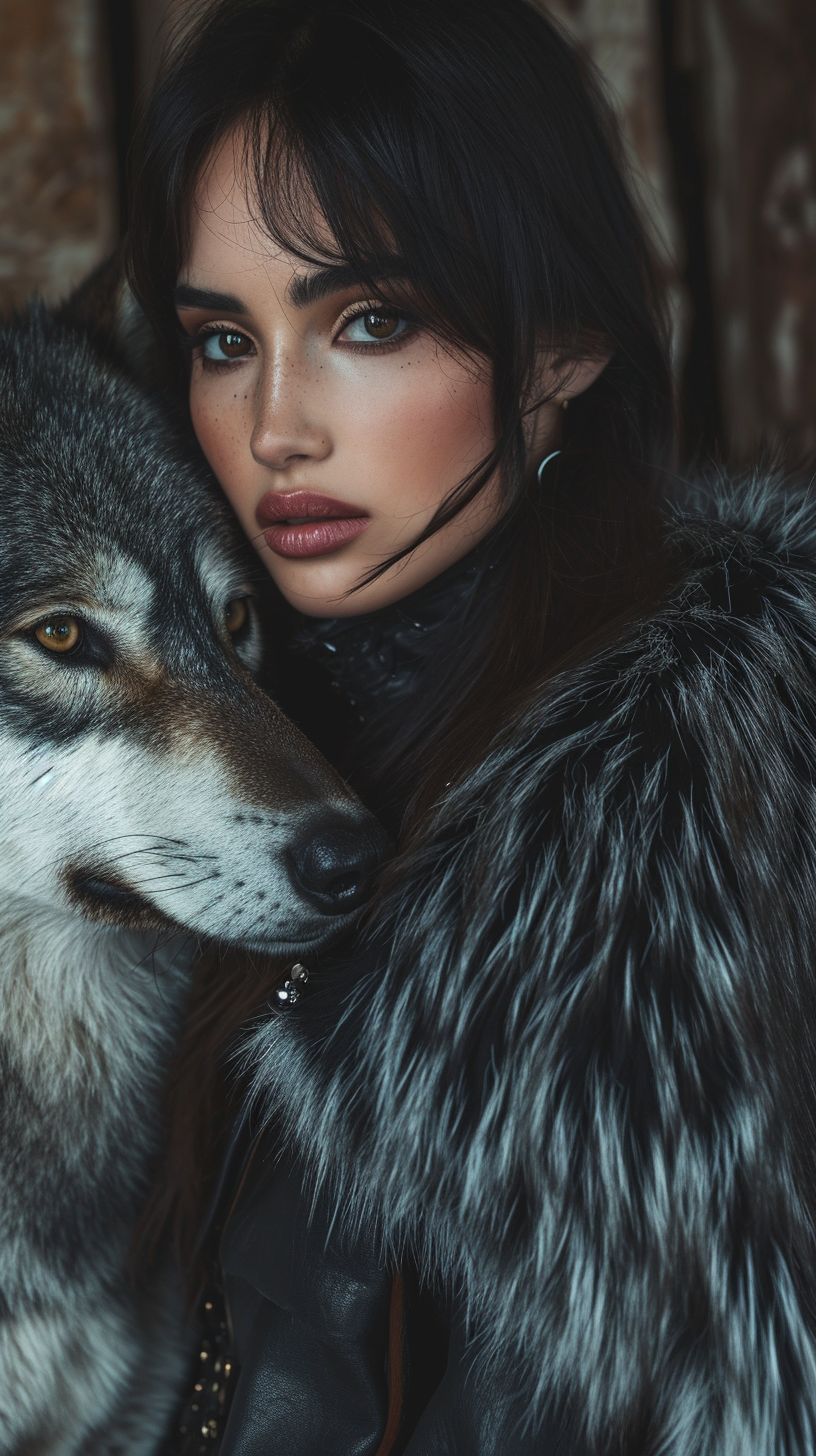 Supermodel with Avant Garde Fur Coat and Wolf