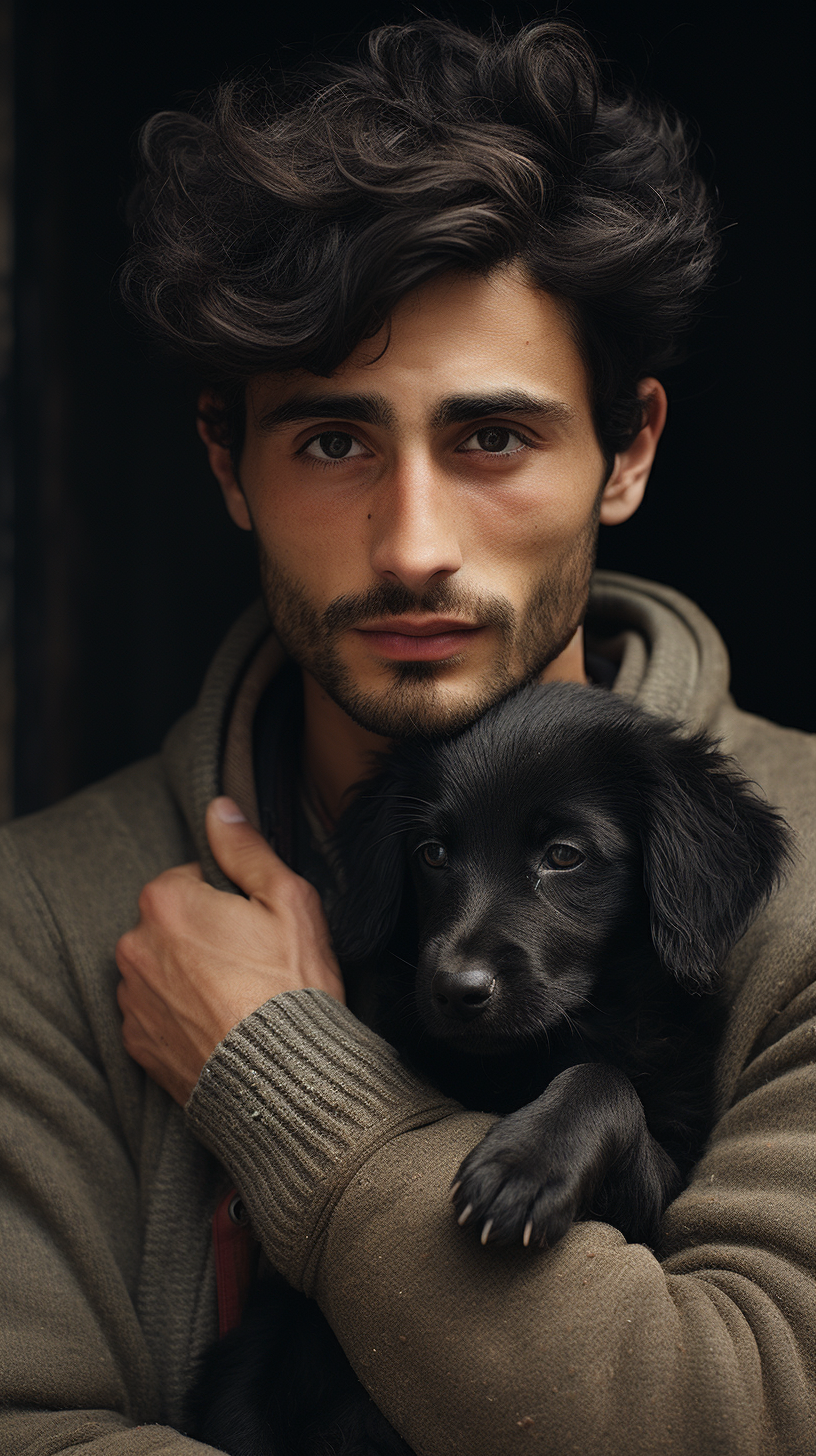 Black-haired man hugging adorable puppy