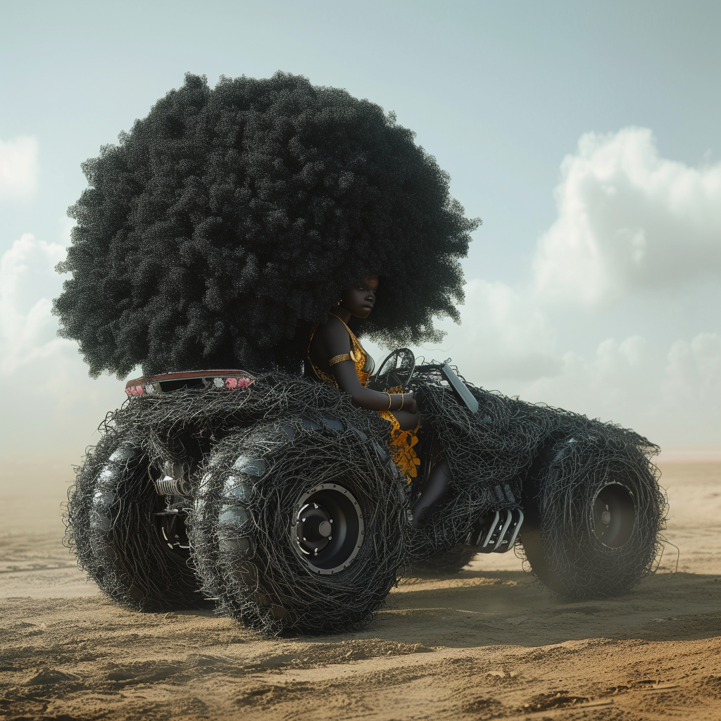 Black hair vehicles wide shot realistic