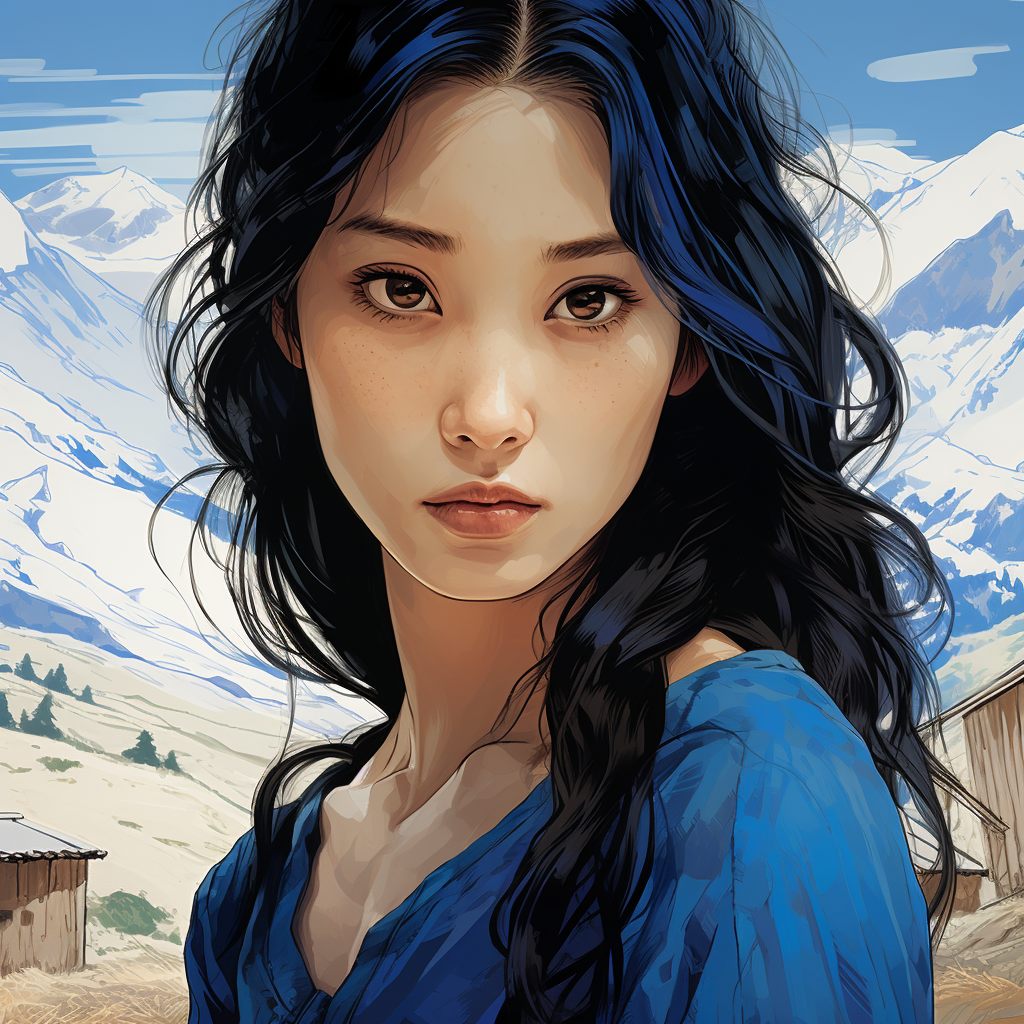 Peaceful Asian girl in romantic Klein blue illustration