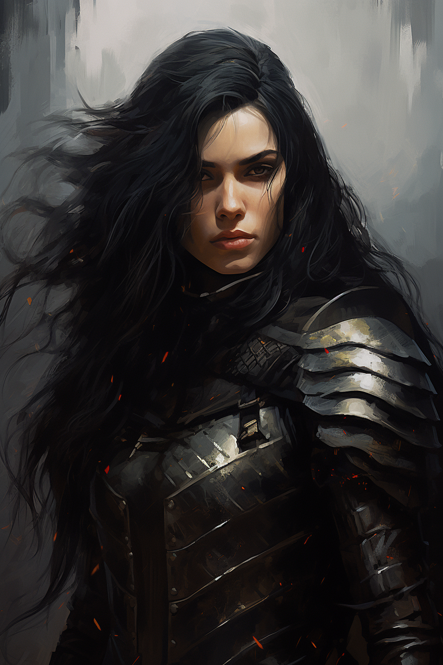 Image of a black-haired, black-armored knight with long hair and black eyes