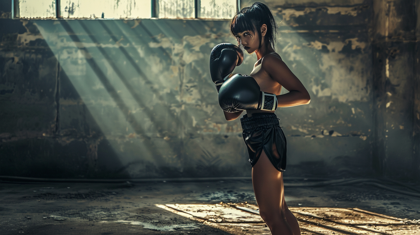 Black-haired female boxer in cool pose