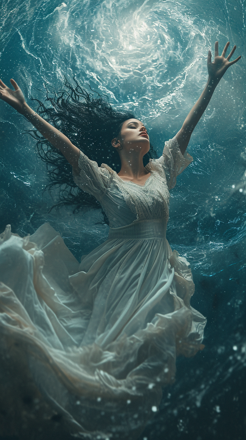 Beautiful black-haired woman floating in lightning storm tornado