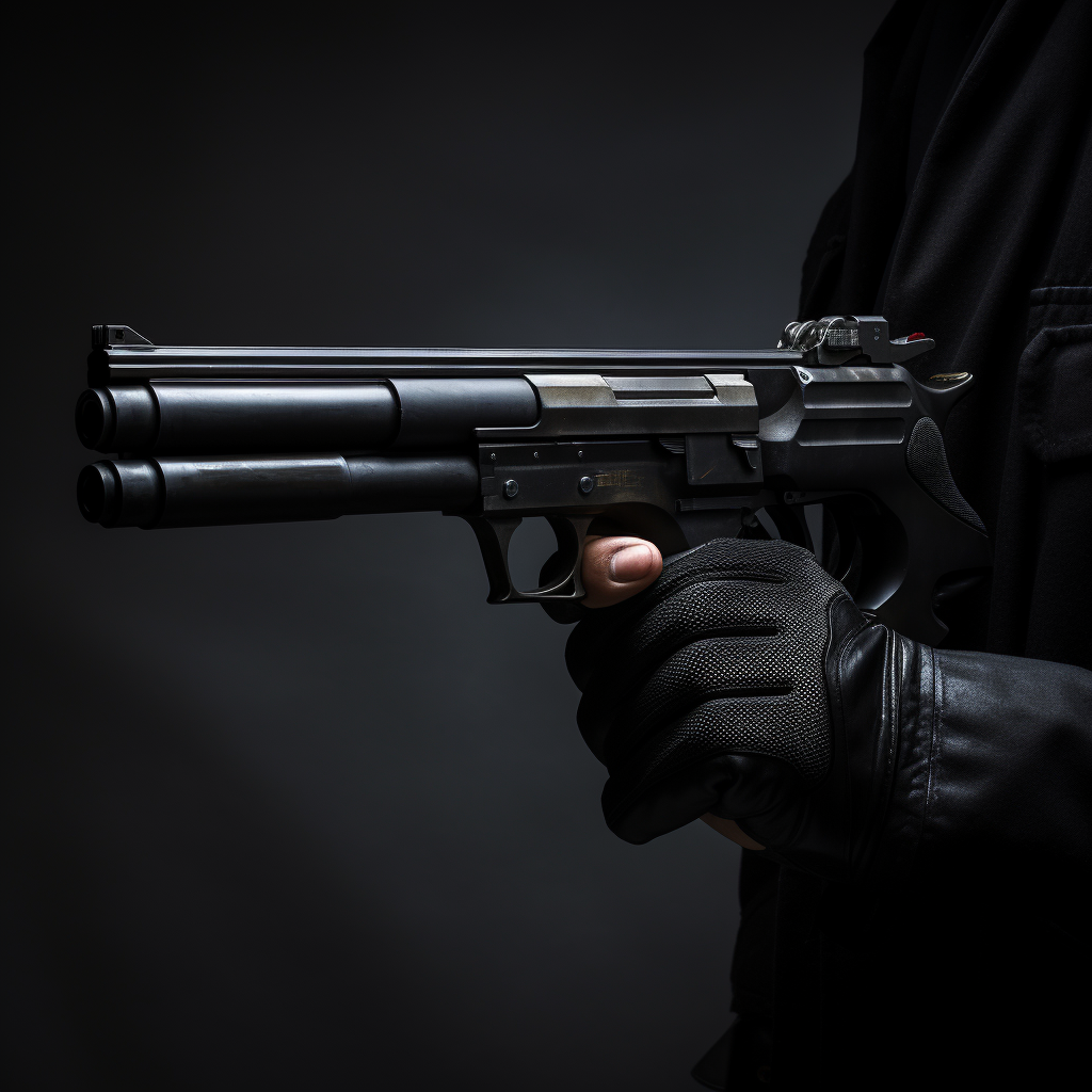 Black hand holding pistol with silencer