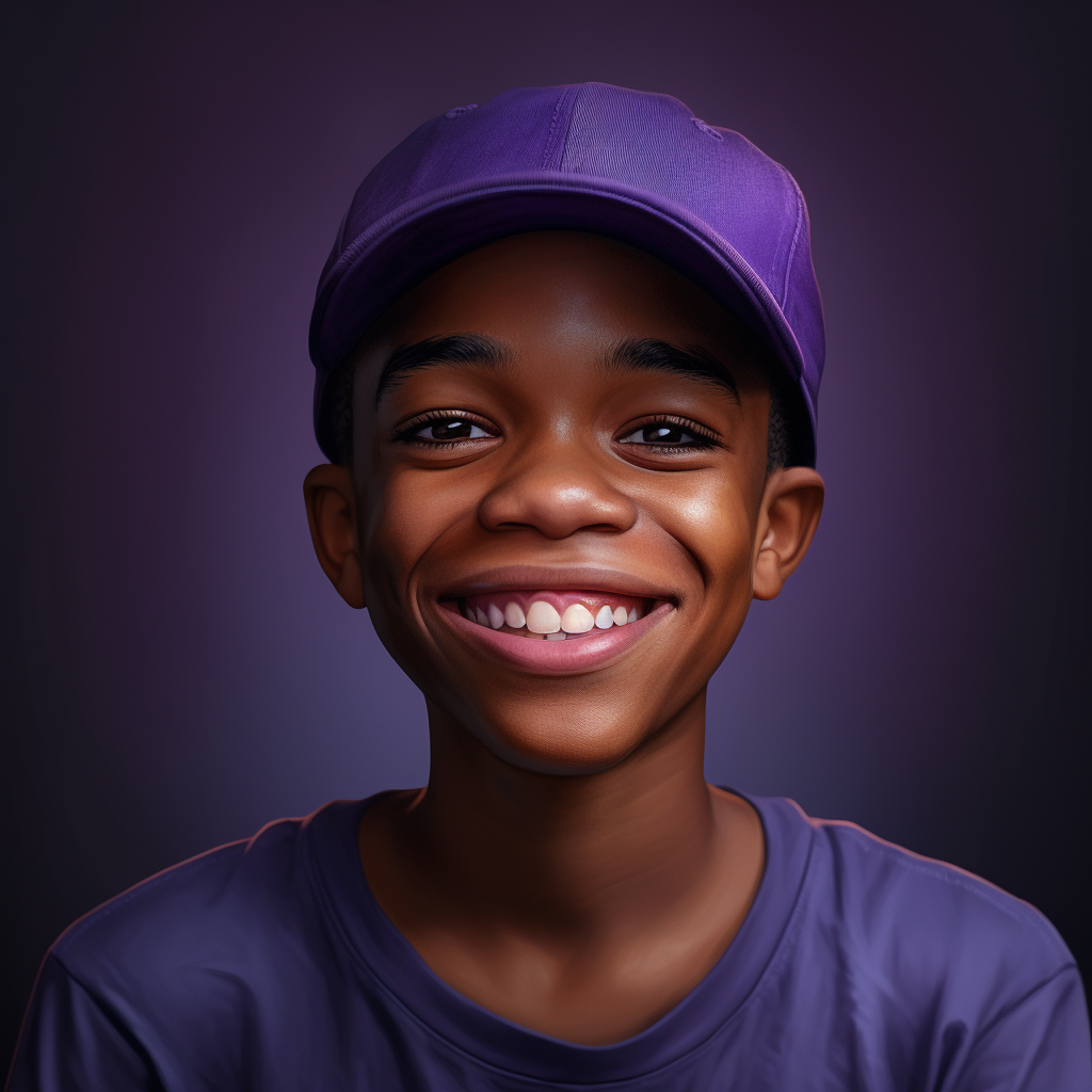 Black highschool boy wearing purple tshirt and cap smiling