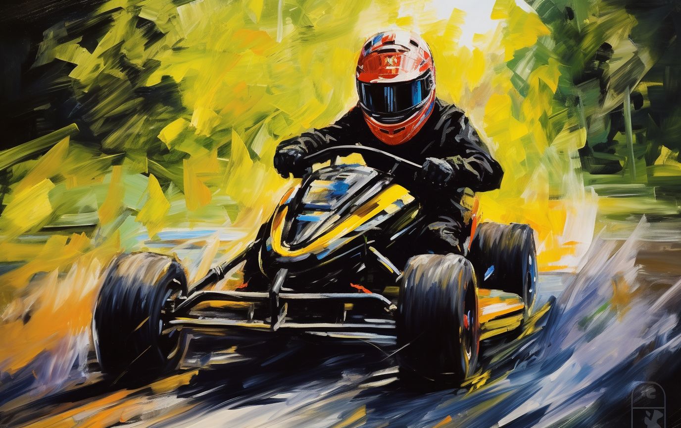 Acrylic painting of black hood men playing go-kart racing