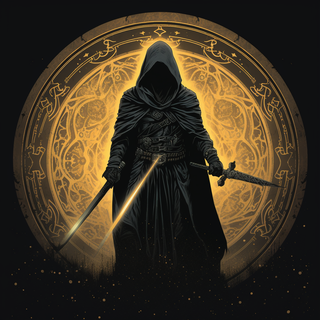 Illustration of a black hooded figure with a sword