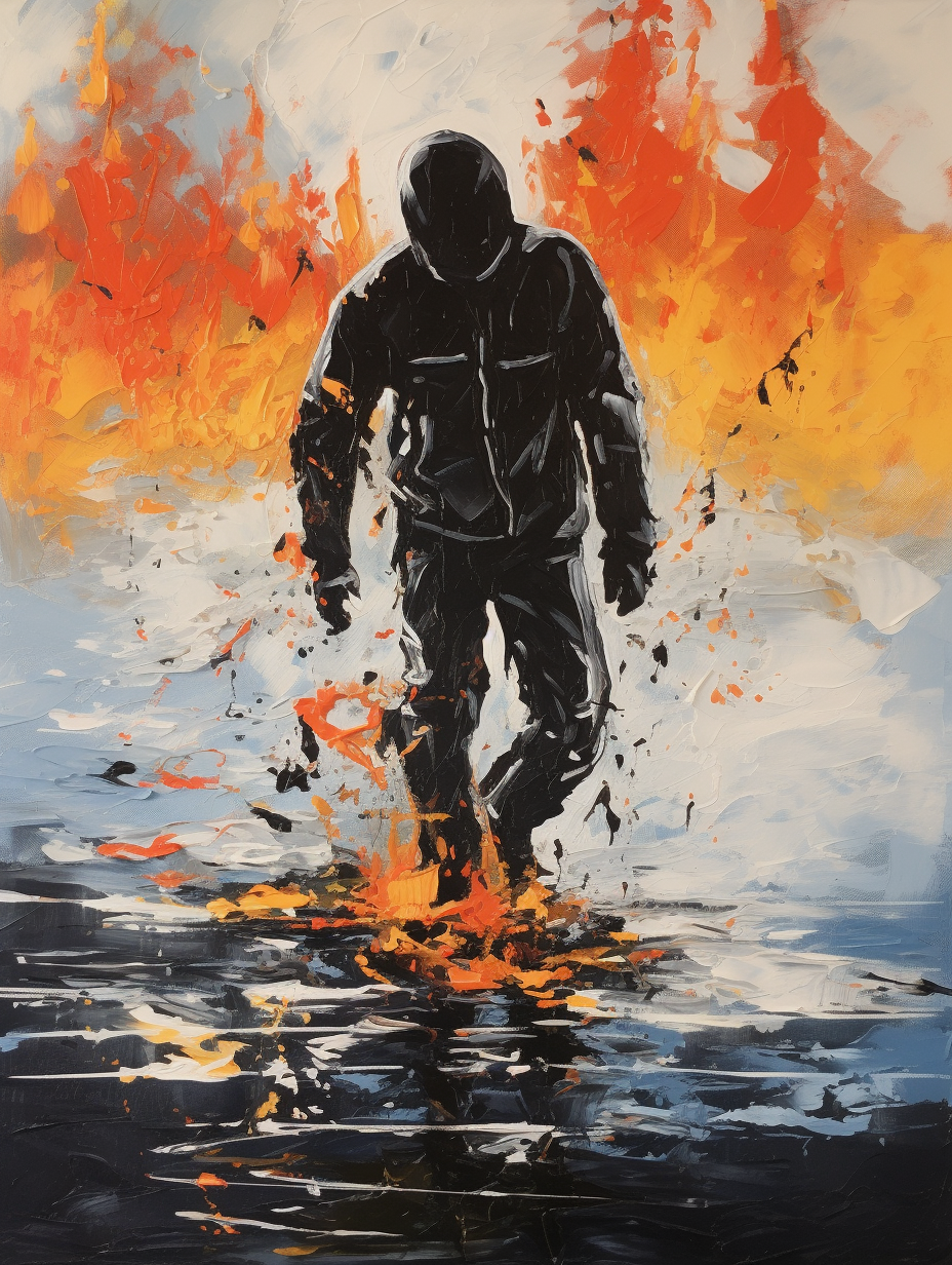 Acrylic painting of a black hooded man falling into a lake