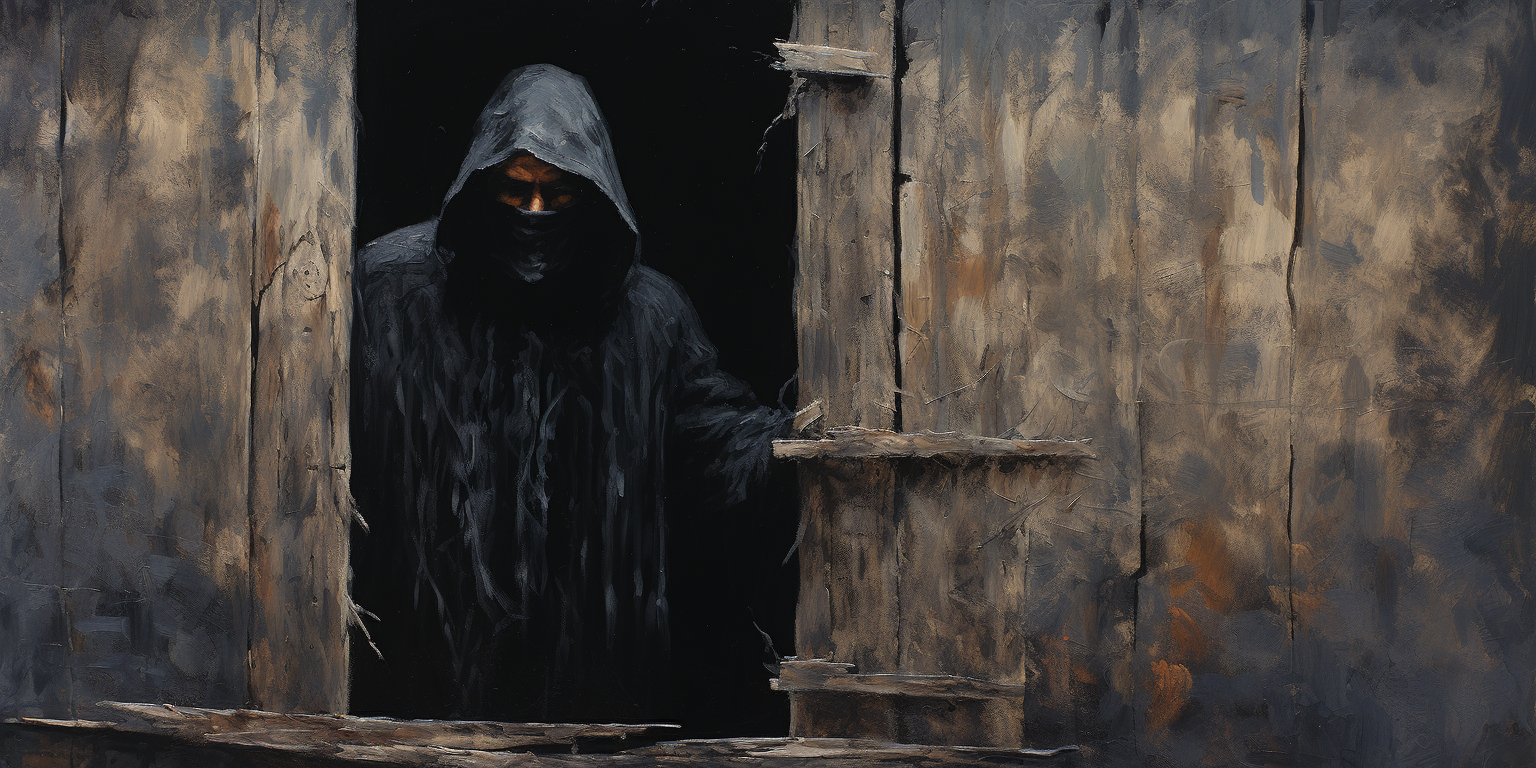 Black hooded man peeking through a destroyed wooden door