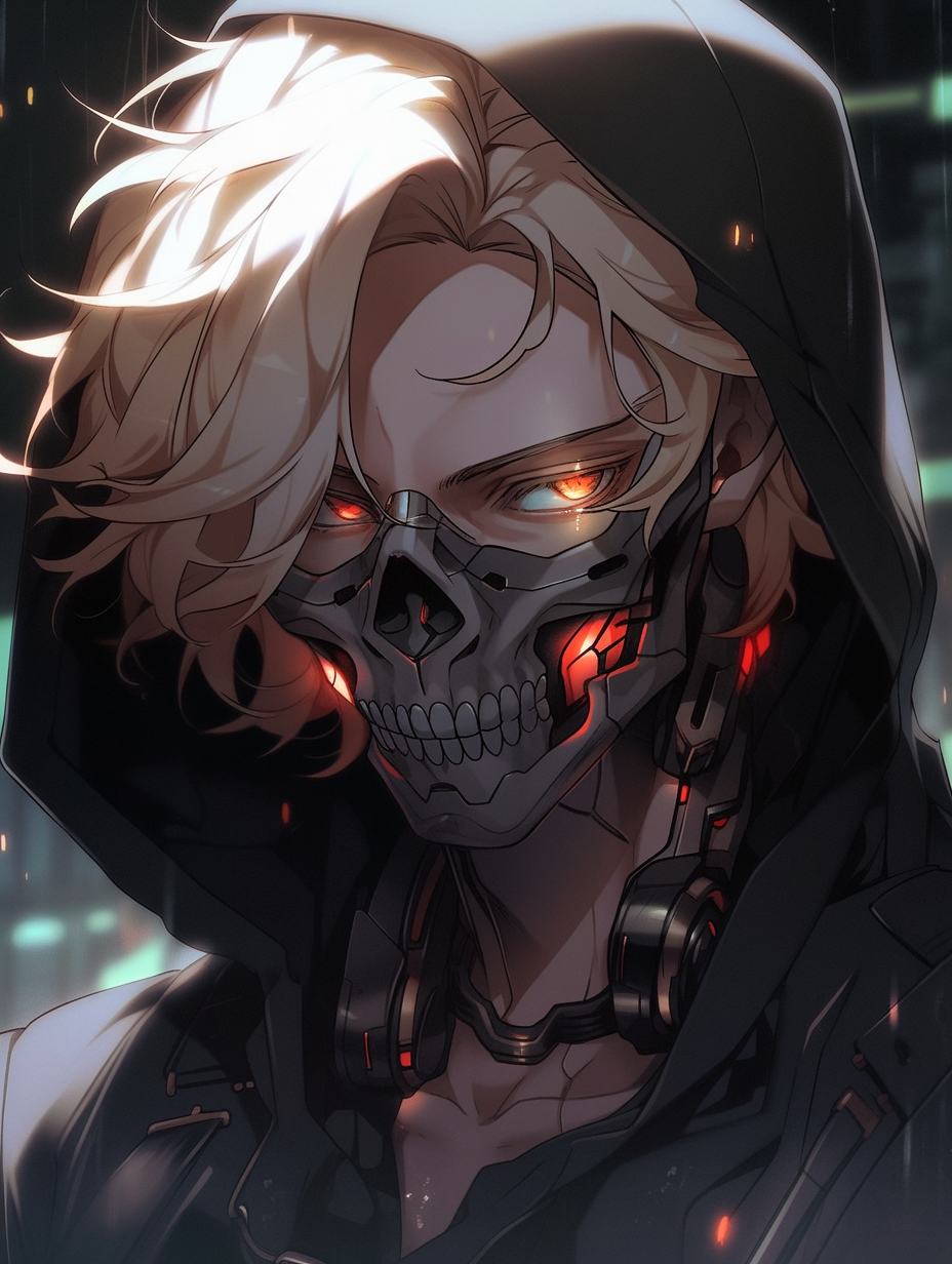 Anime boy with black hoodie and cyberpunk mask