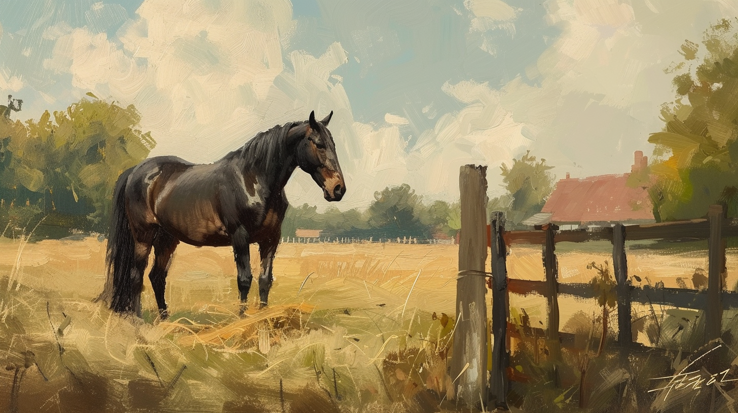 Black horse in farm setting